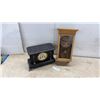 Image 1 : Vintage Sessions Oak-Cased Wall Clock and Black Wooden Mantel Clock With Columns, Missing Hands.