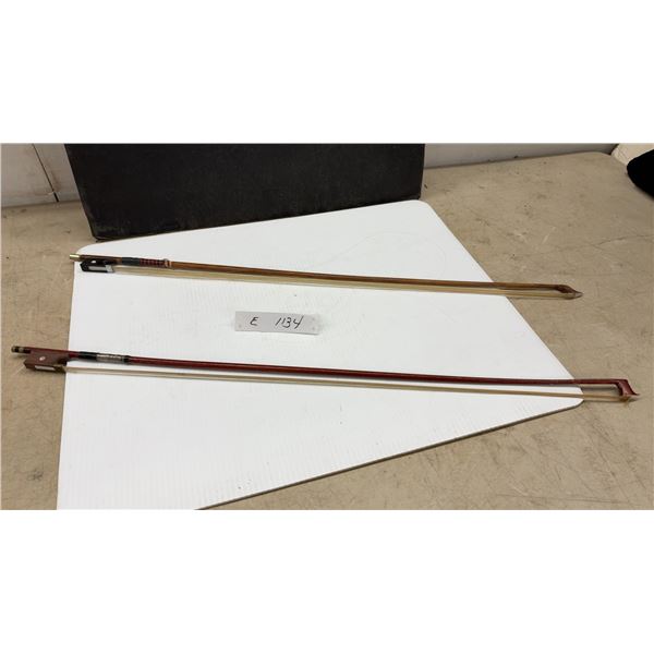 Two Used Wooden Violin or Viola Bows with Mother of Pearl Inlay