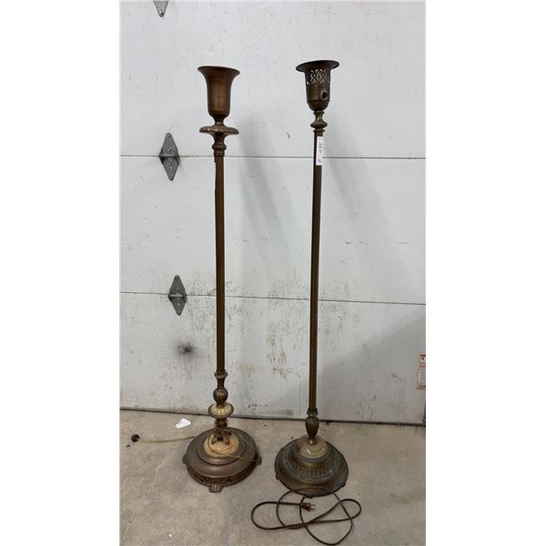 Pair of Vintage Art Deco Cast Brass Torchiere Floor Lamps with Onyx Accents and Fluted Columns