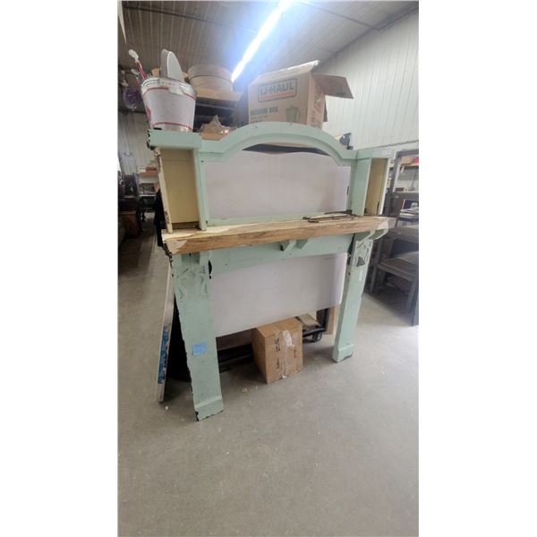 Light Blue Painted Wood Fireplace Mantel with Arched Opening and Carved Details 72” ×57”