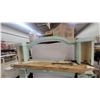 Image 3 : Light Blue Painted Wood Fireplace Mantel with Arched Opening and Carved Details 72” ×57”