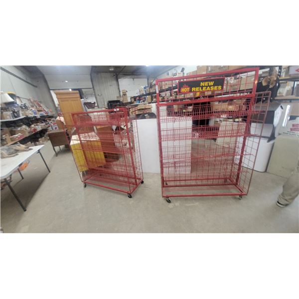 Two Red "New Hot Releases" Wire Display Racks on Casters 58” x48”×18” 2 sided movie store racks