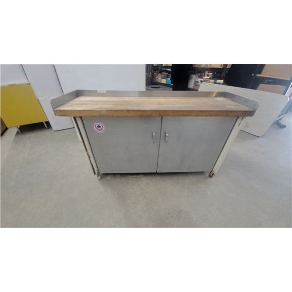 Stainless Steel and Wood Butcher Block Table with Two-Door Cabinet, 36”×18”×63”