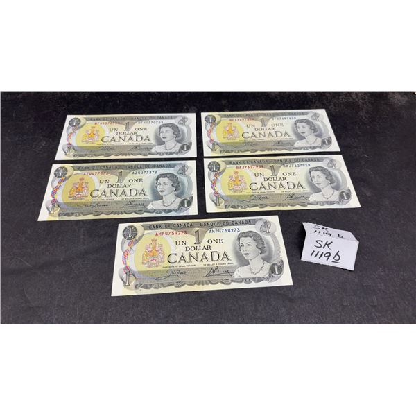 Five 1973 Bank of Canada Uncirculated One Dollar Banknotes Featuring Queen Elizabeth II