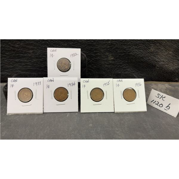 Five Canadian King George V 1-Cent Coins 1932, 33, 34, 35 and 1936