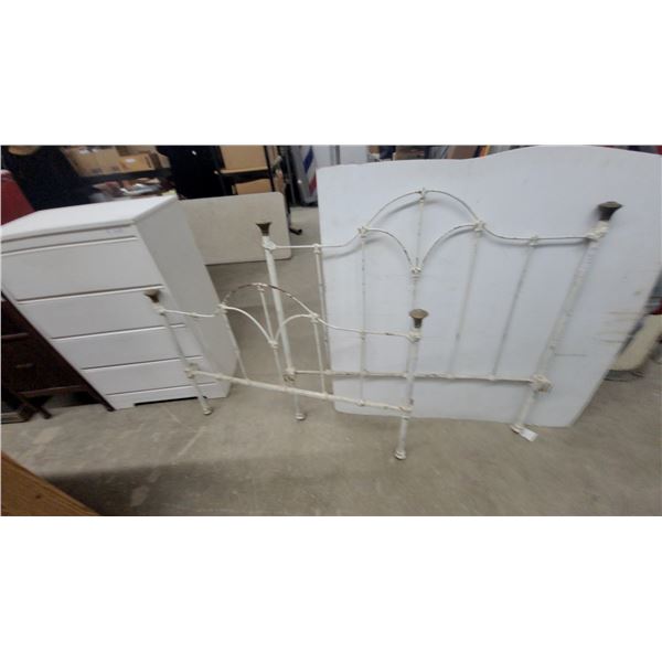 Antique White Painted Cast Iron and Brass Bed Frame Headboard and Footboard