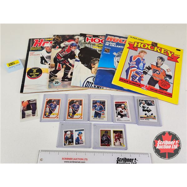 NHL Hockey Group : - 1980's Wayne Gretzky Oilers Stickers in Sleeves (8) - Sticker Books (5) Incl: 1