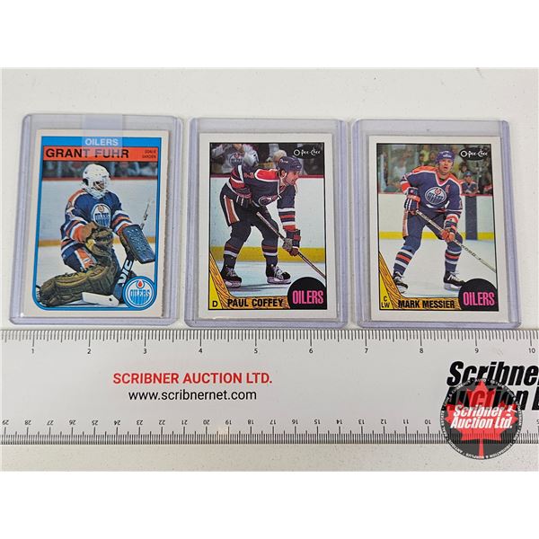 1980's O-Pee-Chee Hockey Cards : Oilers - Mark Messier - Grant Fuhr - Paul Coffey (In Card Sleeves)