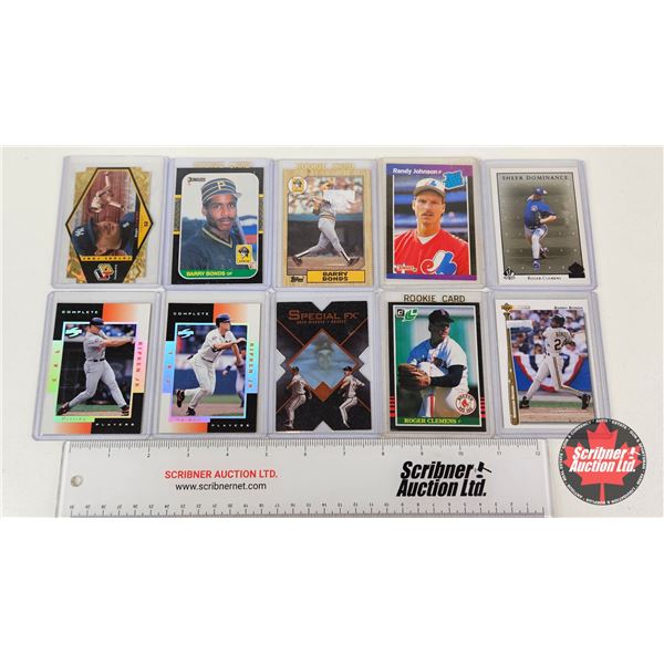 Variety of MLB Trading Cards (10) Incl : - Barry Bonds - Ripken Jr. - Randy Johnson - Roger Clemens 