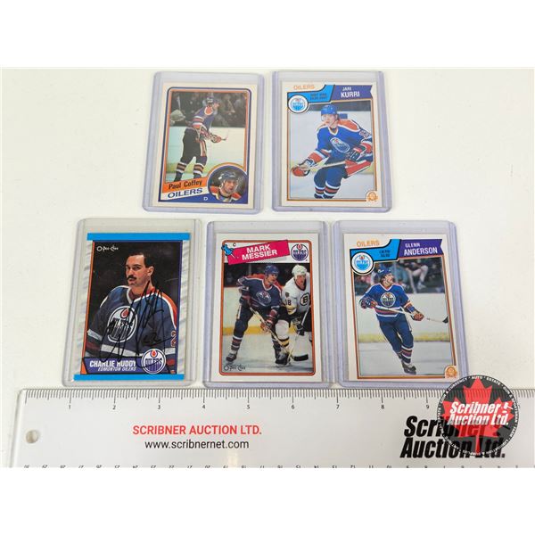 NHL Hockey Cards (5) : Oilers (No COA) - Autographed Charlie Huddy - Mark Messier - Glenn Anderson -