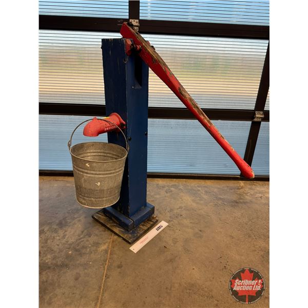 Antique Hand-Operated Water Pump : c/w Galvanized Bucket  (Pump Measures : 47-1/2"H)