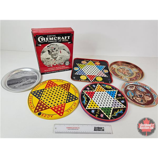 Tin Grouping : Chinese Checkers Boards ; Tin Trays & Vintage Chem Craft Box