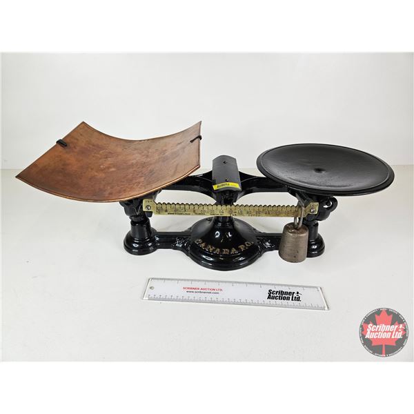 Canada Post Office Scale : Cast Iron Base ; Brass Weight Bar & Curved Copper Postal Tray (Measures :