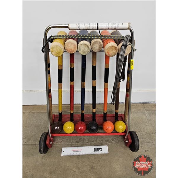 Vintage 6 Player Wooden Croquet Set on Rolling Storage Cart (Measures : 30"H x 24"W x 11"D)