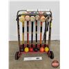 Image 1 : Vintage 6 Player Wooden Croquet Set on Rolling Storage Cart (Measures : 30"H x 24"W x 11"D)