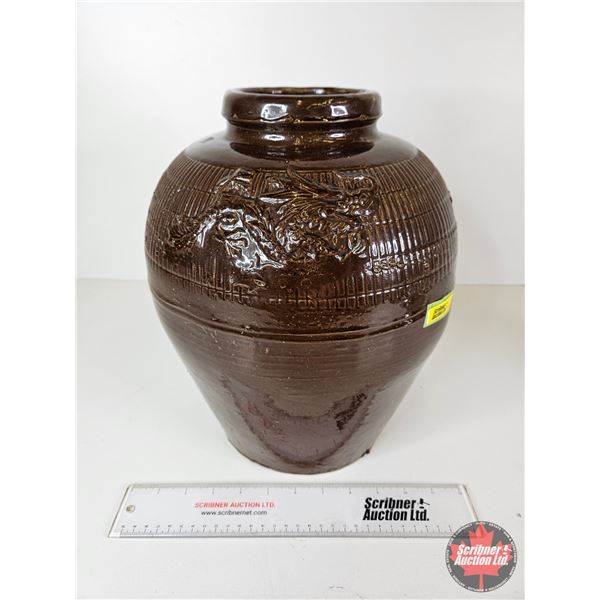 Asian Glazed Stoneware Storage Jar w/Dragon Motif (Measures : 13"H)