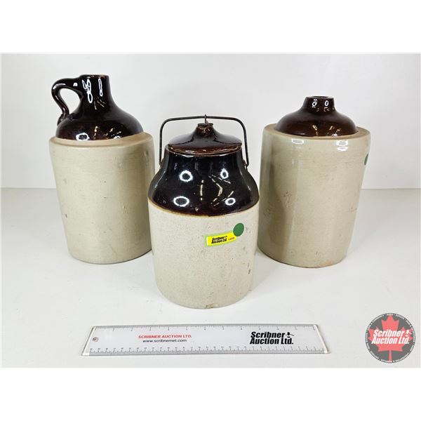 Stoneware Trio : Jugs (2) & Pickle Crock (Tallest Measures : 13"H)