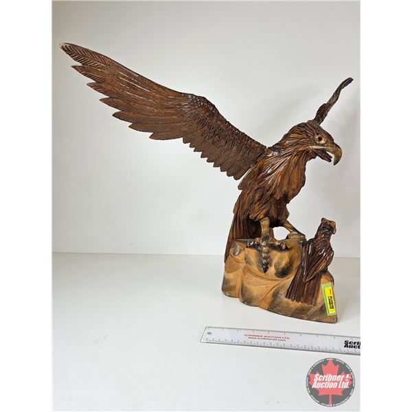Wood Carved Eagle Statue (Note : Wings Removable for Shipping) (Measures : 2-1/4"H x 29-1/4"W x 10"D