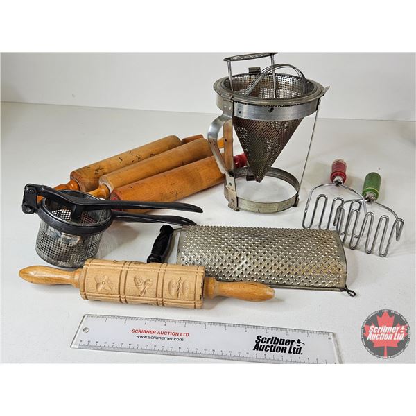 Vintage Baking/Kitchen Utensils : Rolling Pins ; Flour Sifter ; Pastry Cutter ; etc