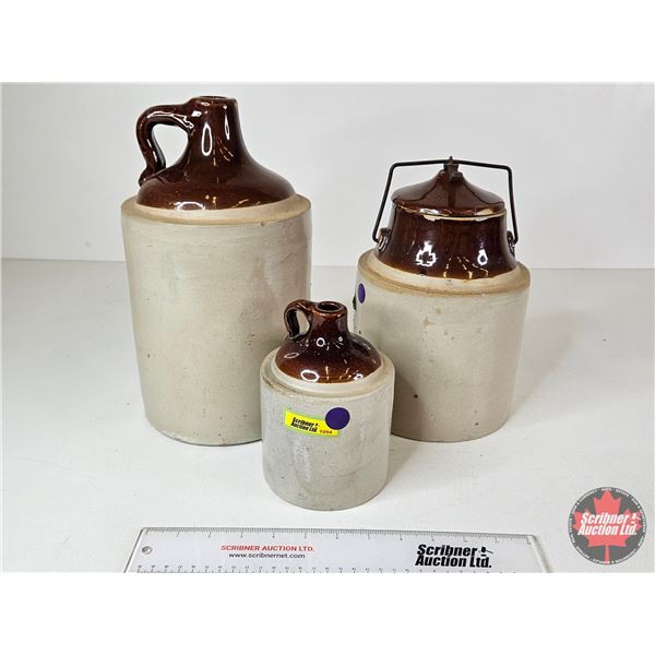 Stoneware Trio : Jugs (2) & Pickle Crock (Tallest Jug Measures : 12"H)