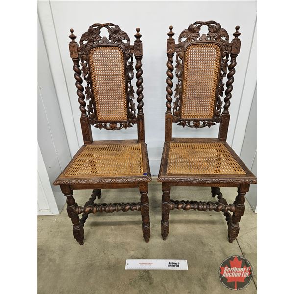 Carved Oak Chairs (2) : Barley Twist Legs : Rattan Seat & Back (Each Measures : 43"H x 18"W x 18"D)