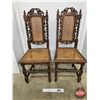 Image 1 : Carved Oak Chairs (2) : Barley Twist Legs : Rattan Seat & Back (Each Measures : 43"H x 18"W x 18"D)