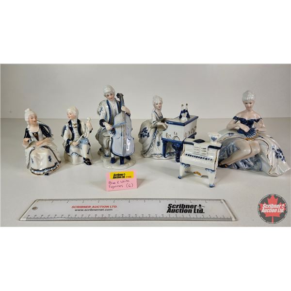 Vintage Victorian Porcelain Figurines (6) : Blue & White w/Gold Accents - Musicians - Seated Balleri