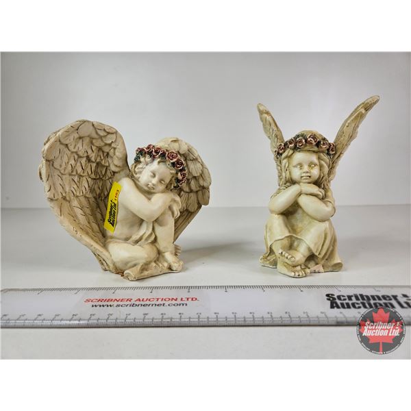 Cherub Angel Statues (2) : Sleeping Angel & Seated Angel (Tallest Measures : 6"H)