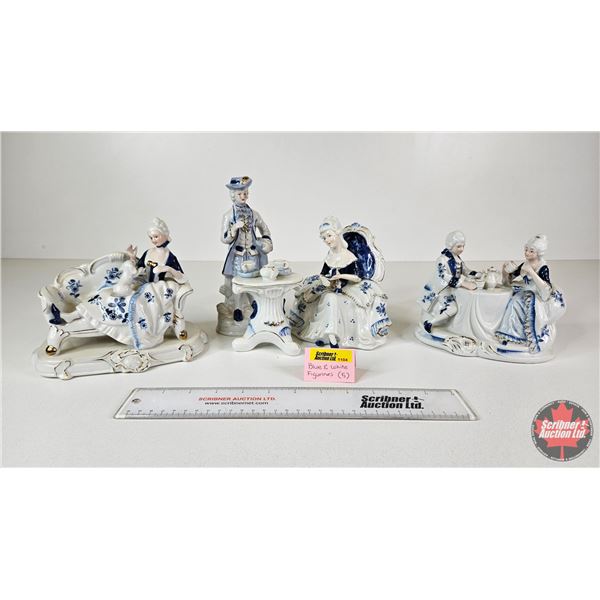 Vintage Victorian Porcelain Figurines (5) : Blue & White w/Gold Accents - Lady & Gentleman Having Te