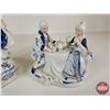 Image 2 : Vintage Victorian Porcelain Figurines (5) : Blue & White w/Gold Accents - Lady & Gentleman Having Te
