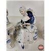 Image 3 : Vintage Victorian Porcelain Figurines (5) : Blue & White w/Gold Accents - Lady & Gentleman Having Te