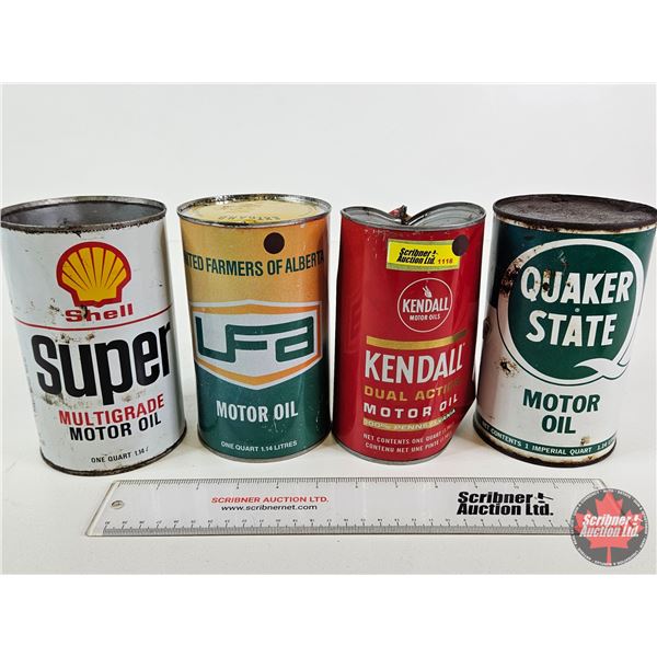 MOTOR OIL CAN COMBO (4) : - KENDALL Dual Action  - QUAKER STATE  - SHELL Super Multigrade - UFA  (Al