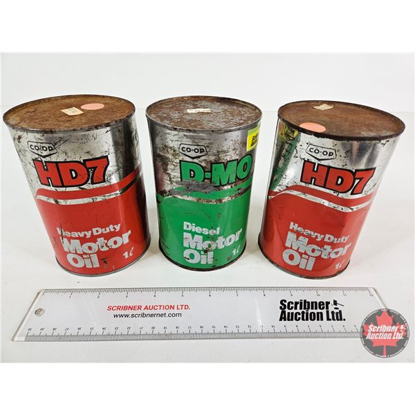 CO-OP OIL CAN COMBO (3) :  - HD7 Heavy Duty Motor Oil (2) (Full) - D-MO Diesel Motor Oil (All Measur