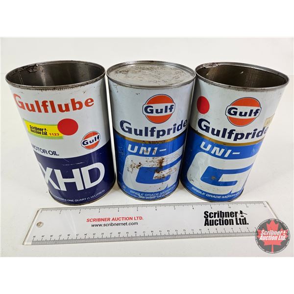 GULF OIL CAN COMBO (3) : - Gulflube XHD - Gulfpride UNI-G (2) (All Measure : 6-1/2"H x 4"Dia)