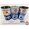 Image 1 : GULF OIL CAN COMBO (3) : - Gulflube XHD - Gulfpride UNI-G (2) (All Measure : 6-1/2"H x 4"Dia)