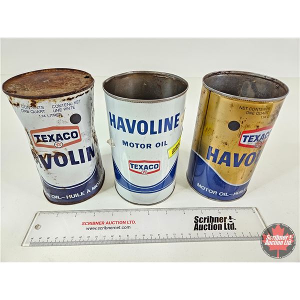 TEXACO OIL CANS (3) : Havoline (All Measure : 6-1/2"H x 4"Dia)