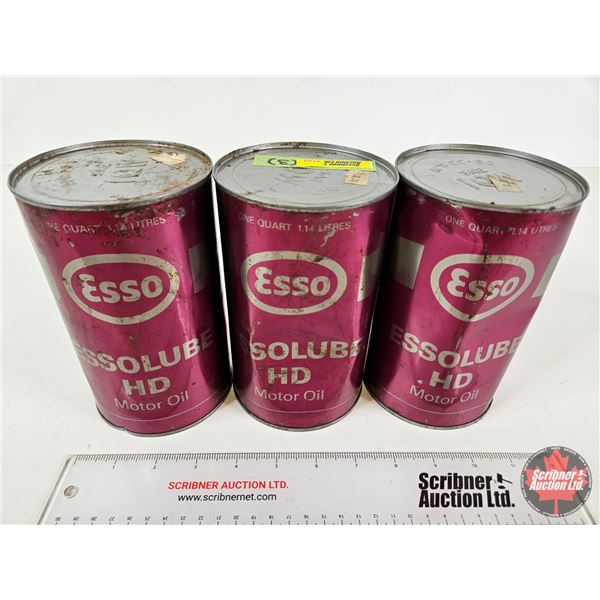 ESSO OIL CANS (3) : Essolube HD (All Full) (All Measure : 6-1/2"H x 4"Dia)