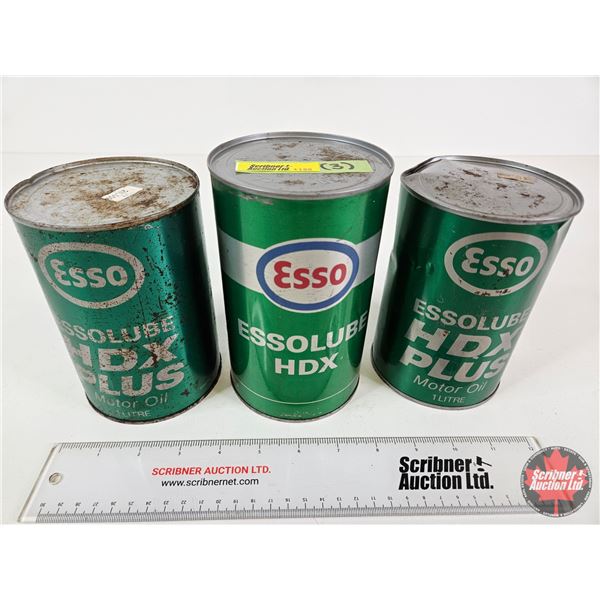 ESSO OIL CANS (3) : (All Full) - Essolube HDX (Measures : 6-1/2"H x 4"Dia) - Essolube HDX Plus (2) (