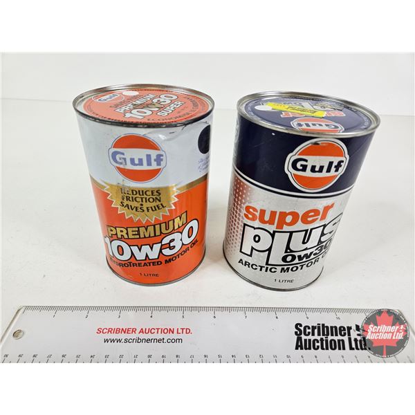 GULF OIL CANS (2) : - Super Plus OW30 Arctic (Cardboard) - Premium 10W-30 Hydrotreated (Both Measure
