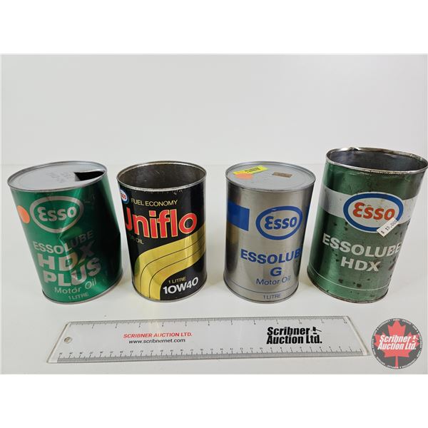 ESSO OIL CANS (4) : - Essolube G - Essolube HDX - Uniflo - Essolube HDX Plus (Tallest Measures : 6-1