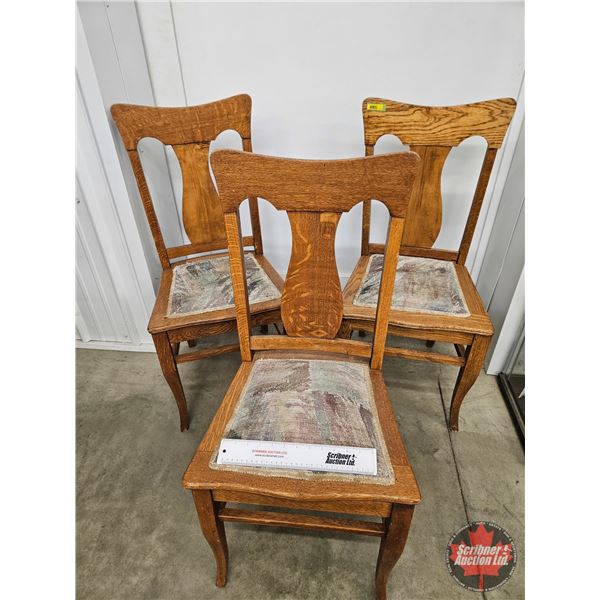 Oak T-Back Dining Room Chairs w/Upholstered Seats (3)  (Each Measures : 37-1/2"H x 18"W x 18"D)