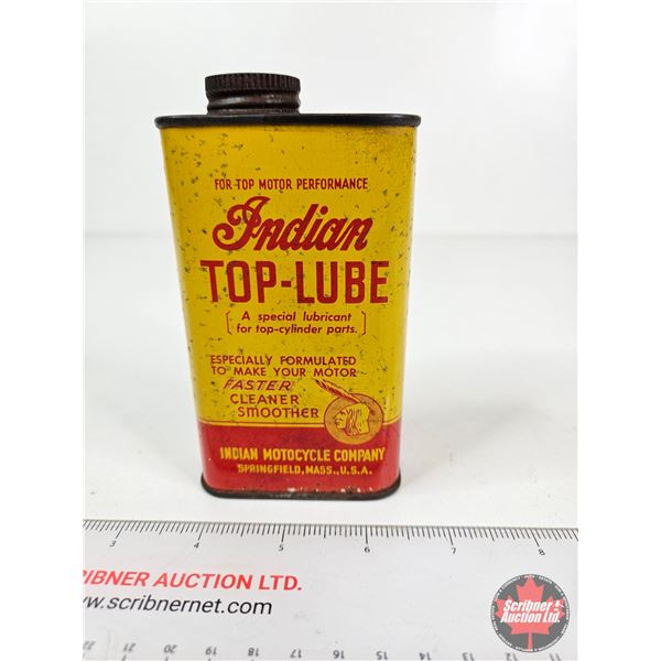 Indian Top - Lube Oil Tin : (FULL) (Made By Indian Motorcycle Company) (Measures : 5"H x 3"W x 1-1/2