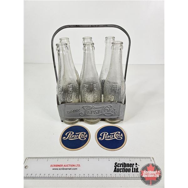 Vintage Pepsi-Cola 6 Bottle Stadium Carrier : (Double Dot) : - c/w Pepsi-Cola Bottles (Embossed) (6)