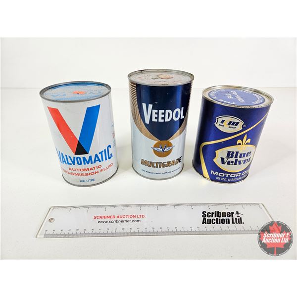 COLLECTOR CAN COMBO (3) : - KM Blue Velvet Motor Oil (Cardboard) - VEEDOL Multigrade - VALVOMATIC Au