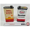 Image 1 : OIL TIN COMBO (2) : - SHELL Outboard Motor Oil - ESSO Marvelube Outboard Oil (Both Measures : 7-3/4"