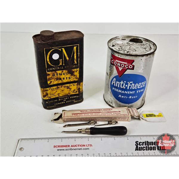 Collector Combo (3) : - CONOCO Anti-Freeze Can - GM Hydraulic Brake Fluid Tin - BOYE Combination Hoo