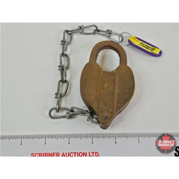 Antique Heart-Shaped Cast Brass Padlock w/Chain (Note : No Key)