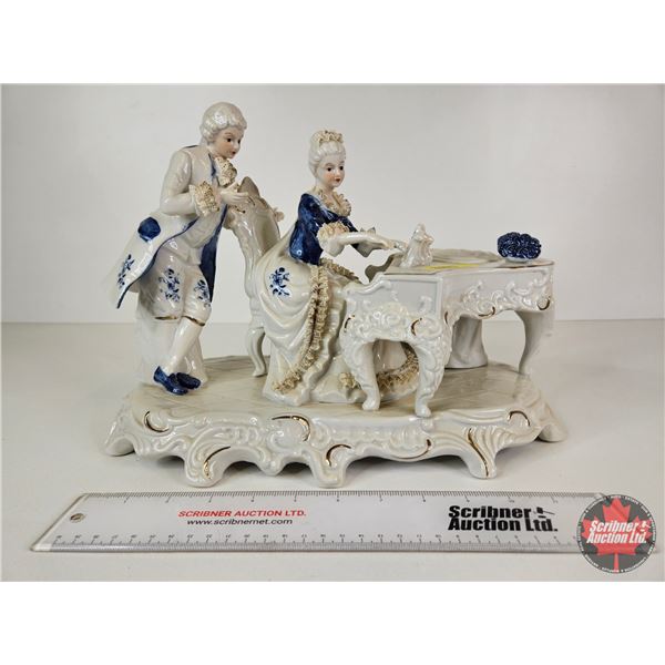 Vintage Victorian Porcelain Figurine : Blue & White w/Gold Accents - Couple at a Piano (Note : Sever