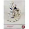 Image 3 : Vintage Victorian Porcelain Figurine : Blue & White w/Gold Accents - Couple at a Piano (Note : Sever