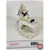 Image 6 : Vintage Victorian Porcelain Figurine : Blue & White w/Gold Accents - Couple at a Piano (Note : Sever